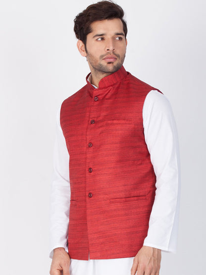 Men's Maroon Cotton Blend Ethnic Jacket