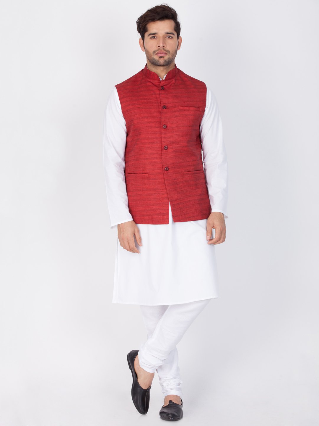Men's Maroon Cotton Blend Ethnic Jacket