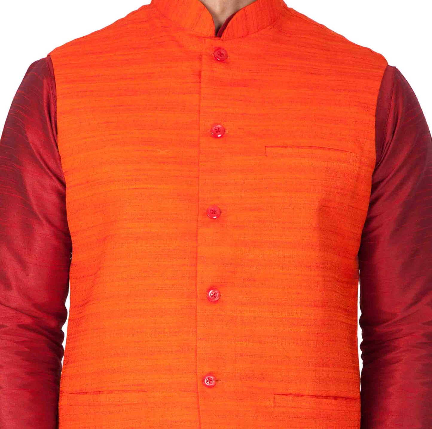 Men's Maroon Cotton Silk Blend Kurta, Ethnic Jacket and Pyjama Set