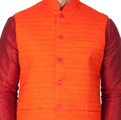 Men's Maroon Cotton Silk Blend Kurta, Ethnic Jacket and Pyjama Set