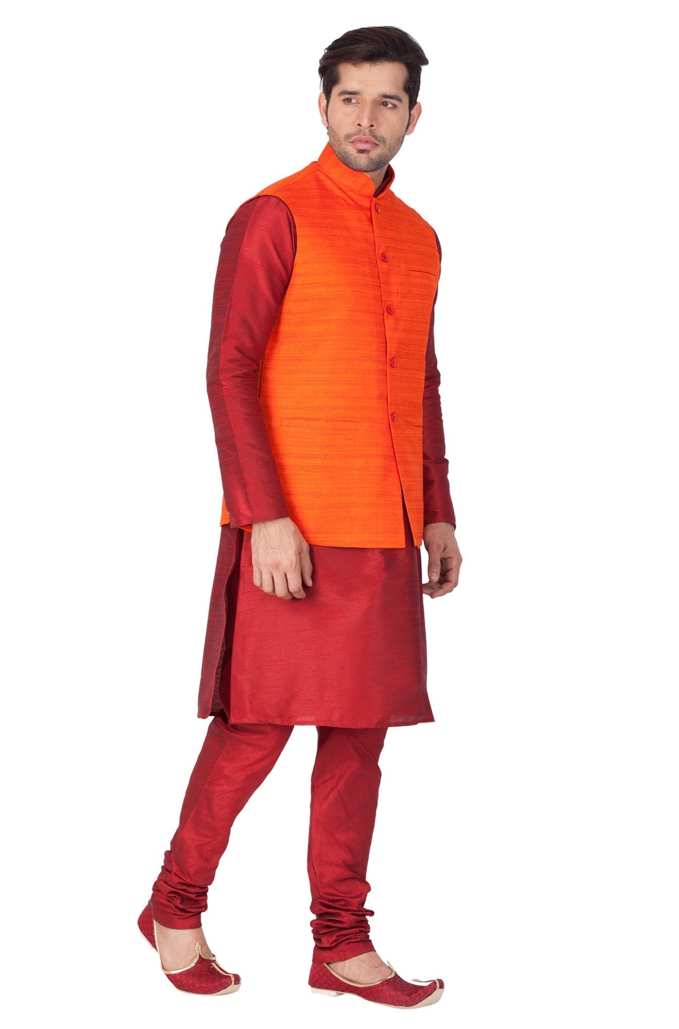 Men's Maroon Cotton Silk Blend Kurta, Ethnic Jacket and Pyjama Set