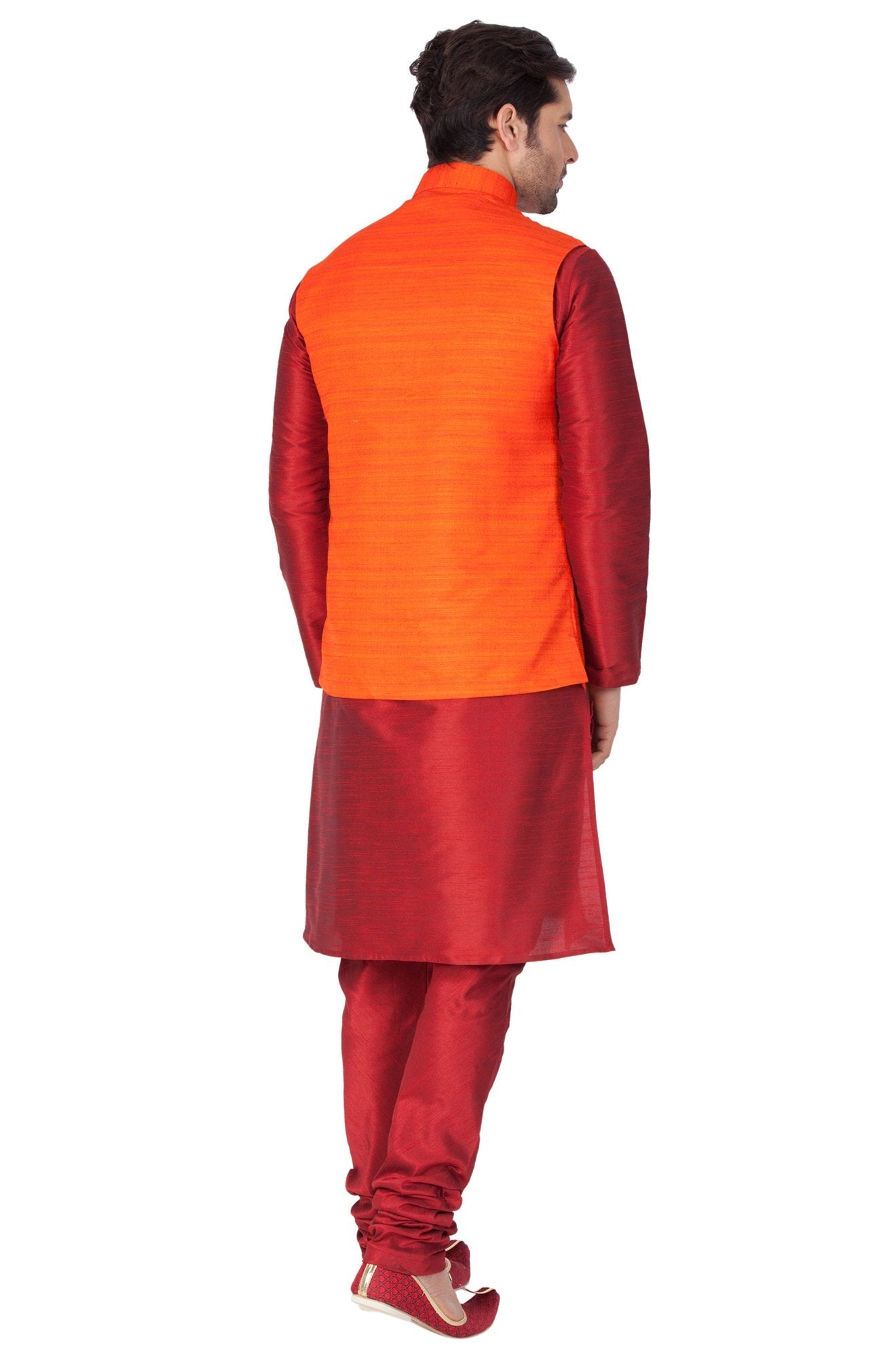Men's Maroon Cotton Silk Blend Kurta, Ethnic Jacket and Pyjama Set