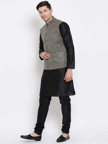 Men's Black Cotton Silk Blend Kurta, Ethnic Jacket and Pyjama Set