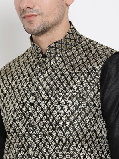 Men's Black Cotton Silk Blend Kurta, Ethnic Jacket and Pyjama Set