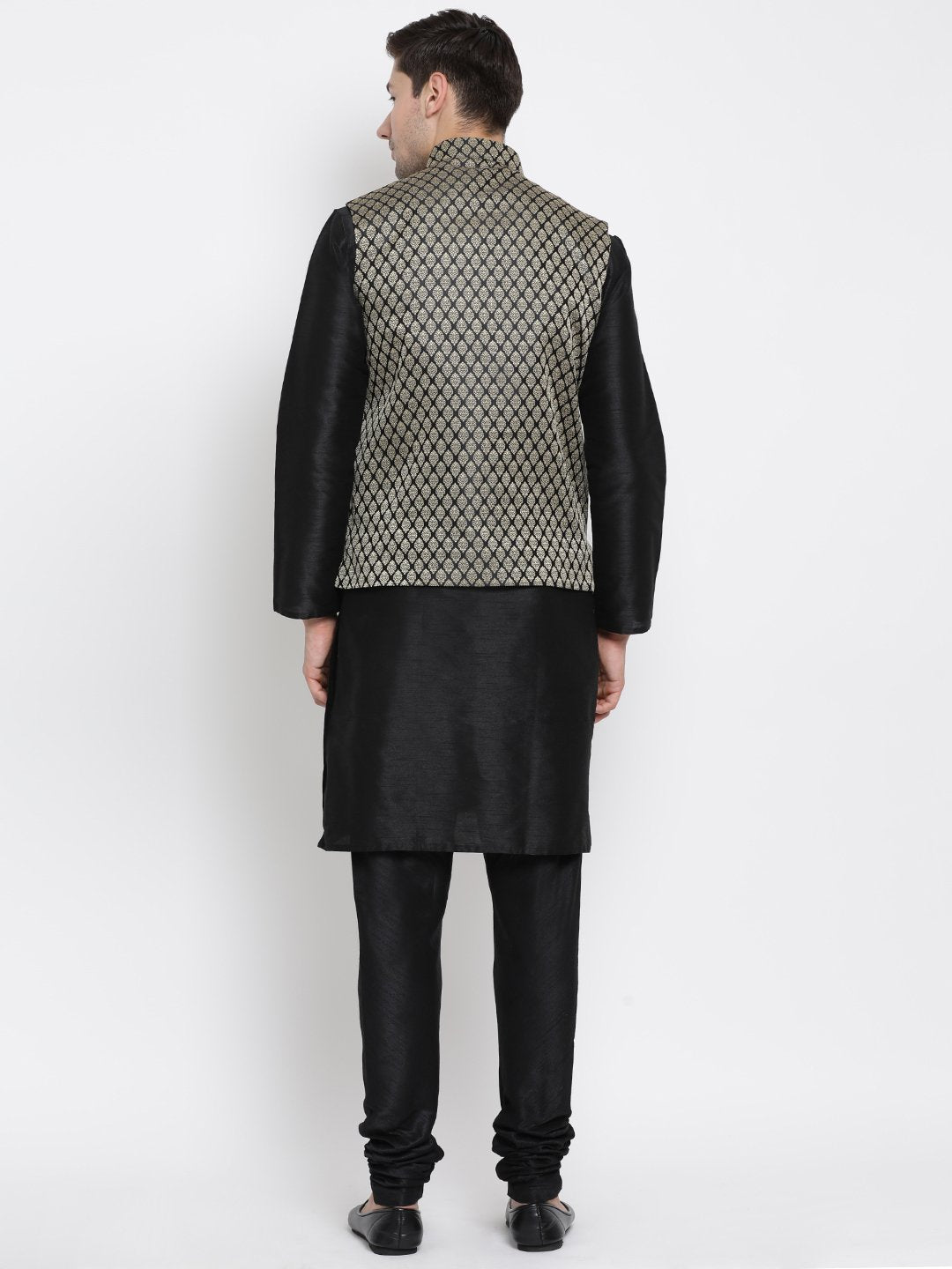 Men's Black Cotton Silk Blend Kurta, Ethnic Jacket and Pyjama Set
