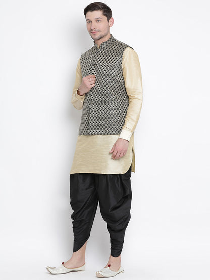 Men's Gold Cotton Silk Blend Ethnic Jacket, Kurta and Dhoti Pant Set