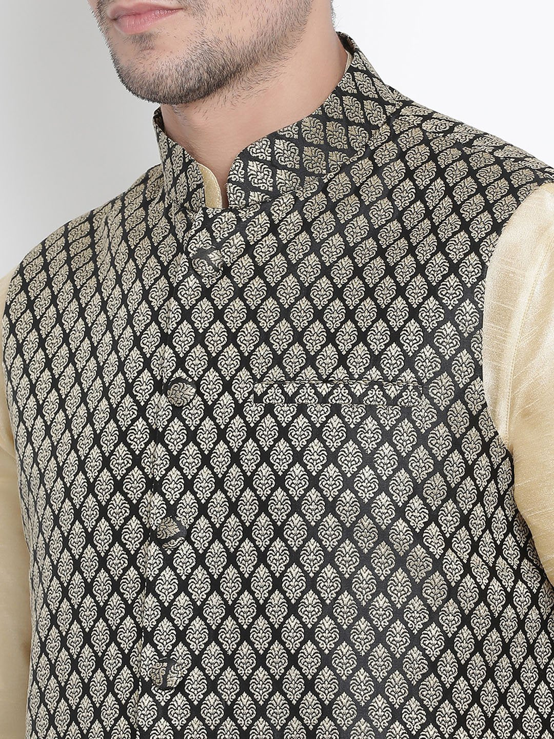 Men's Gold Cotton Silk Blend Ethnic Jacket, Kurta and Dhoti Pant Set