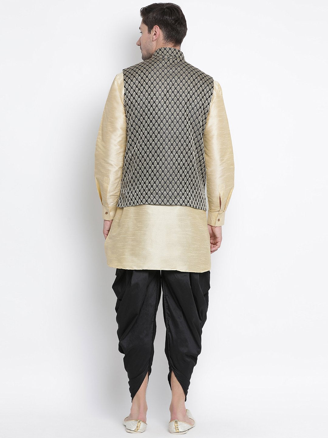 Men's Gold Cotton Silk Blend Ethnic Jacket, Kurta and Dhoti Pant Set