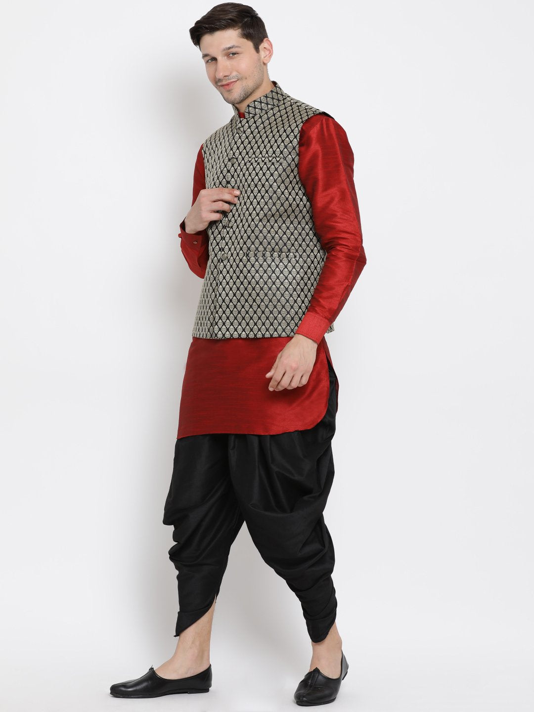 Men's Maroon Cotton Silk Blend Ethnic Jacket, Kurta and Dhoti Pant Set