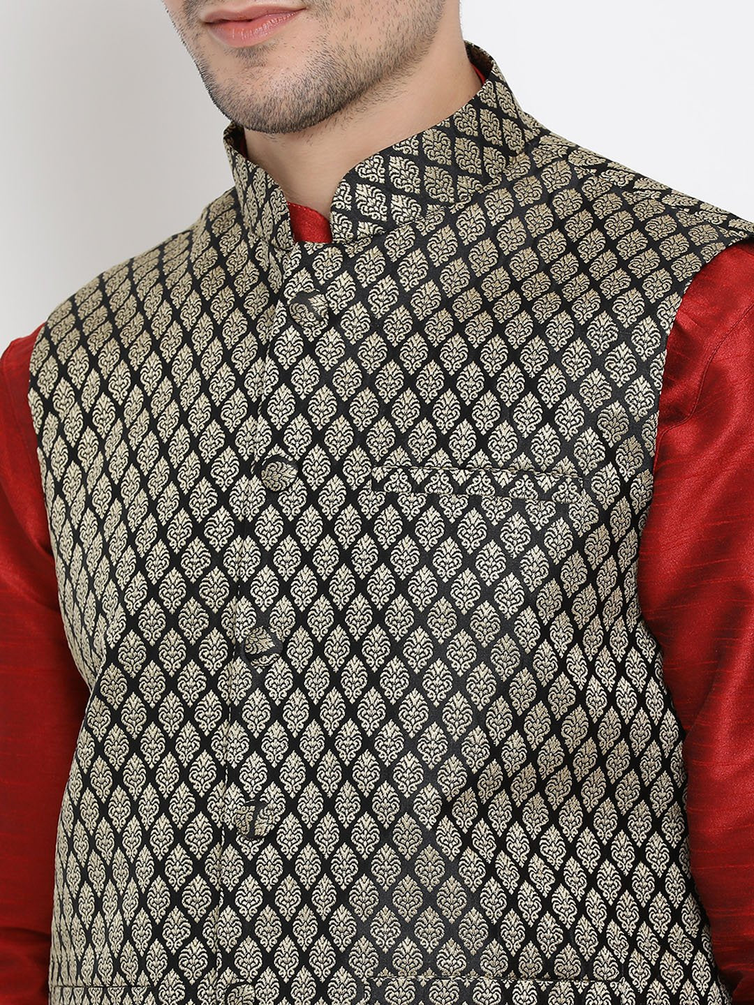 Men's Maroon Cotton Silk Blend Ethnic Jacket, Kurta and Dhoti Pant Set