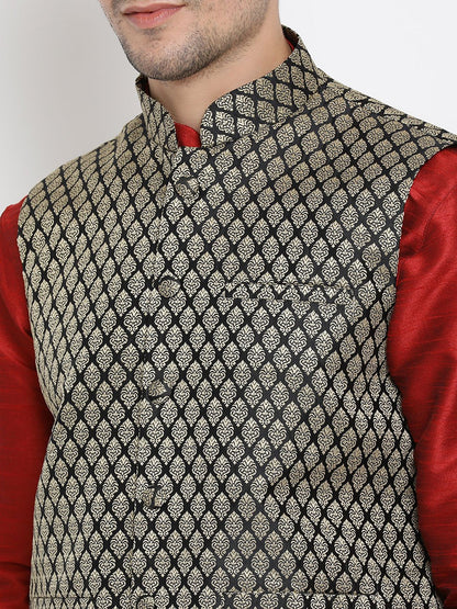 Men's Maroon Cotton Silk Blend Ethnic Jacket, Kurta and Dhoti Pant Set