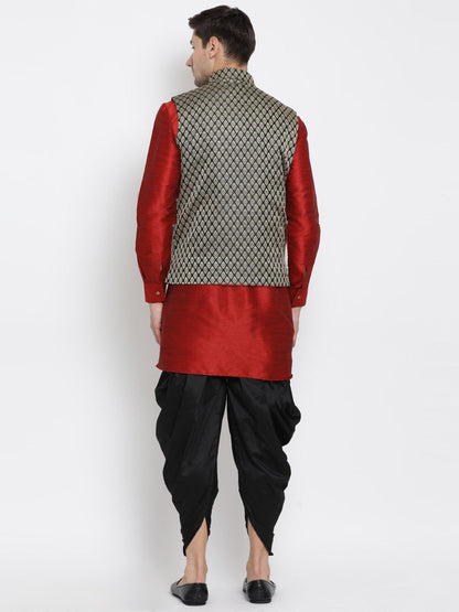 Men's Maroon Cotton Silk Blend Ethnic Jacket, Kurta and Dhoti Pant Set
