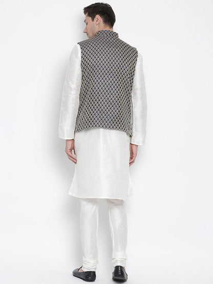 Men's White Cotton Silk Blend Kurta, Ethnic Jacket and Pyjama Set