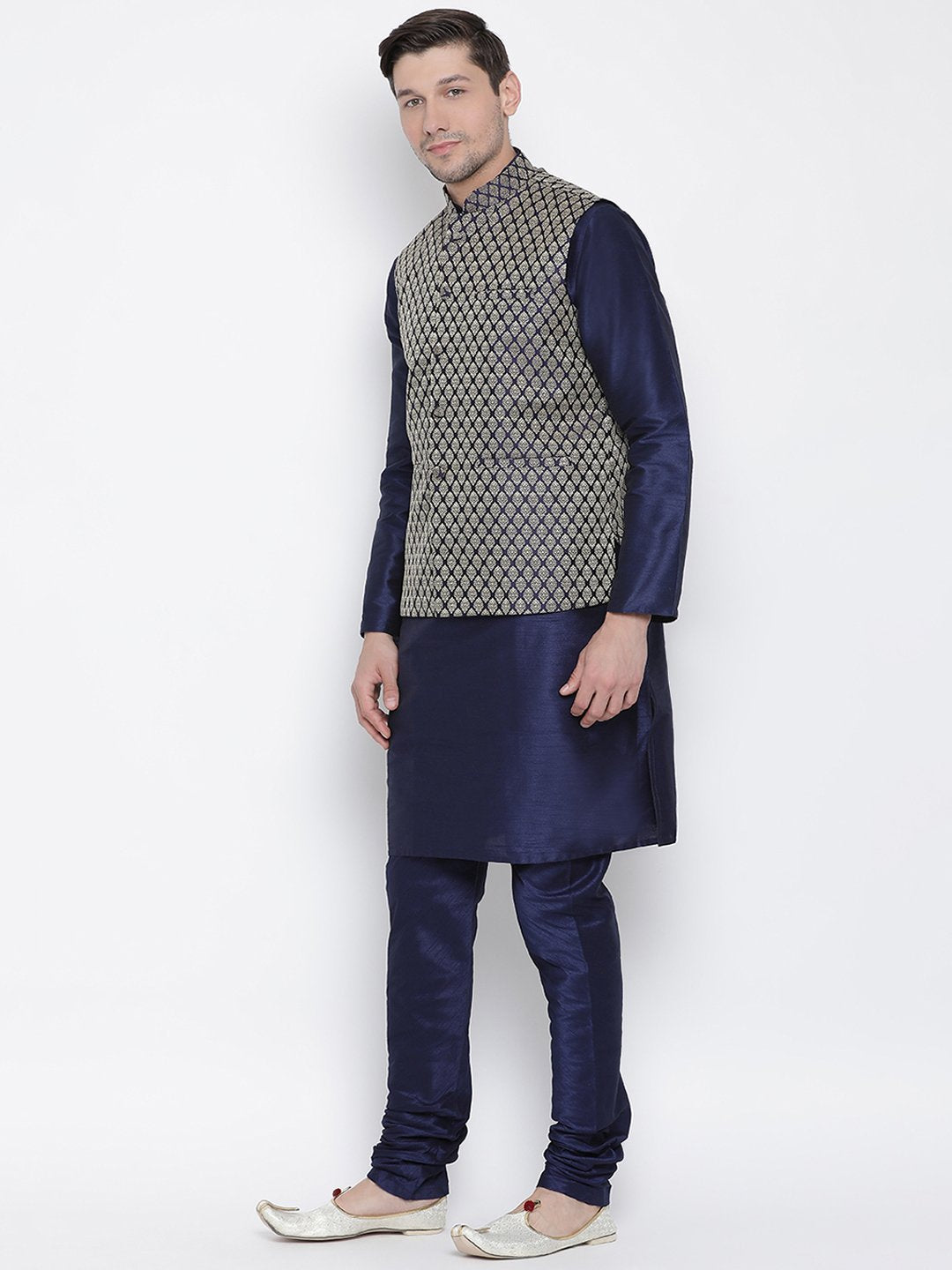 Men's Dark Blue Cotton Silk Blend Kurta, Ethnic Jacket and Pyjama Set