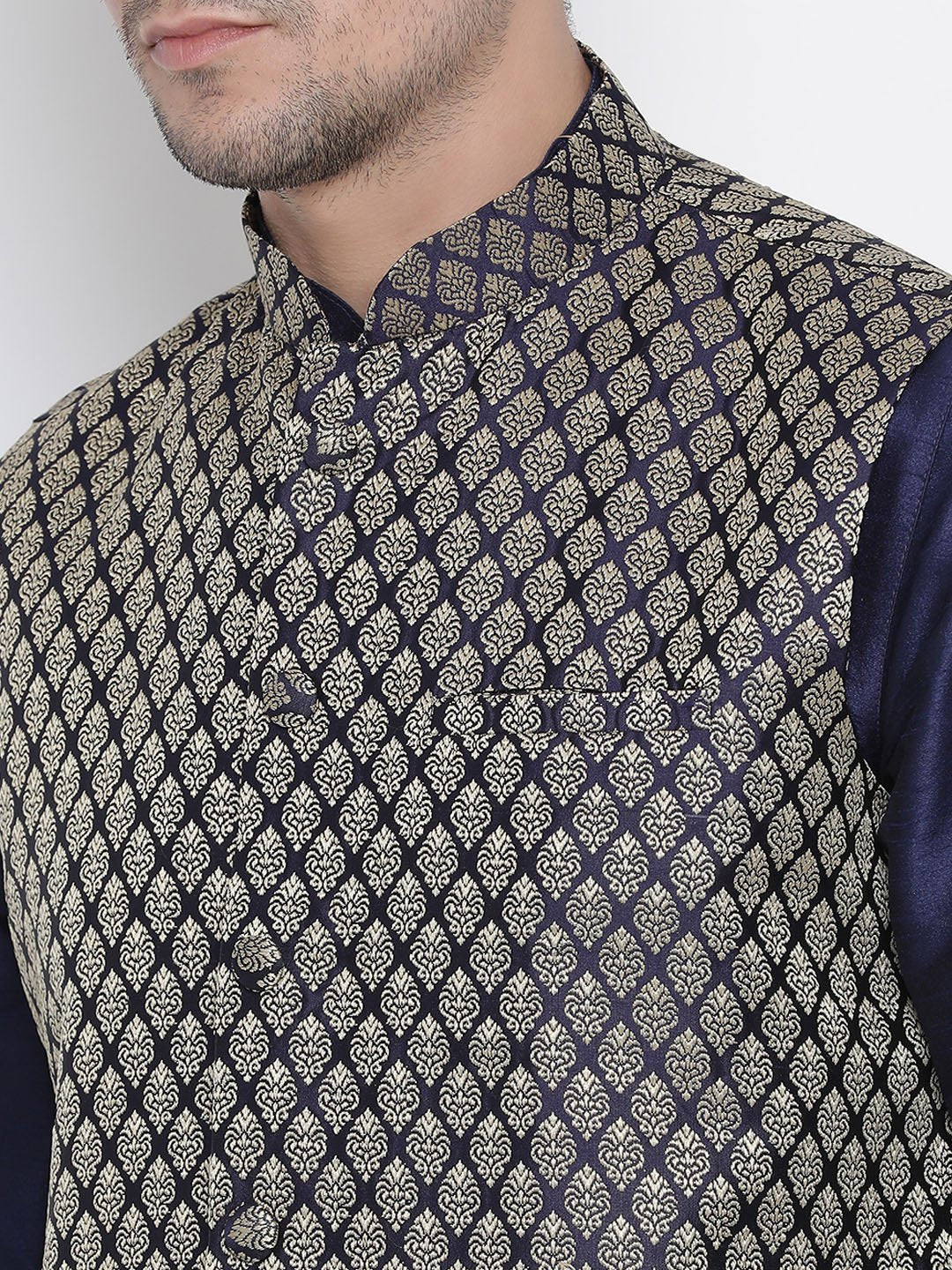 Men's Dark Blue Cotton Silk Blend Kurta, Ethnic Jacket and Pyjama Set