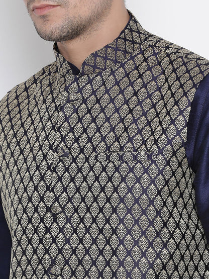 Men's Dark Blue Cotton Silk Blend Kurta, Ethnic Jacket and Pyjama Set