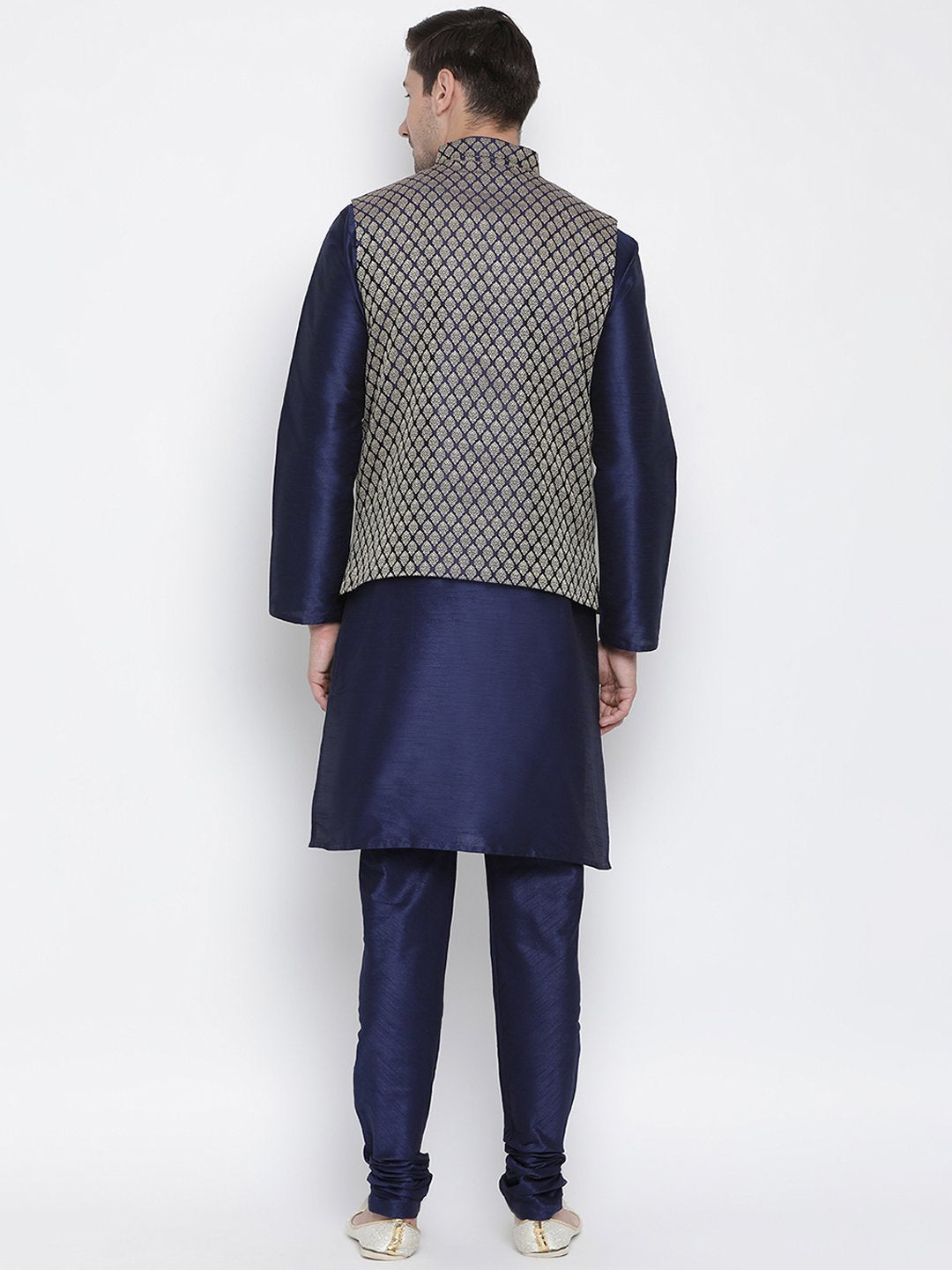 Men's Dark Blue Cotton Silk Blend Kurta, Ethnic Jacket and Pyjama Set