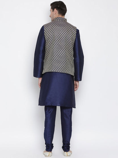 Men's Dark Blue Cotton Silk Blend Kurta, Ethnic Jacket and Pyjama Set