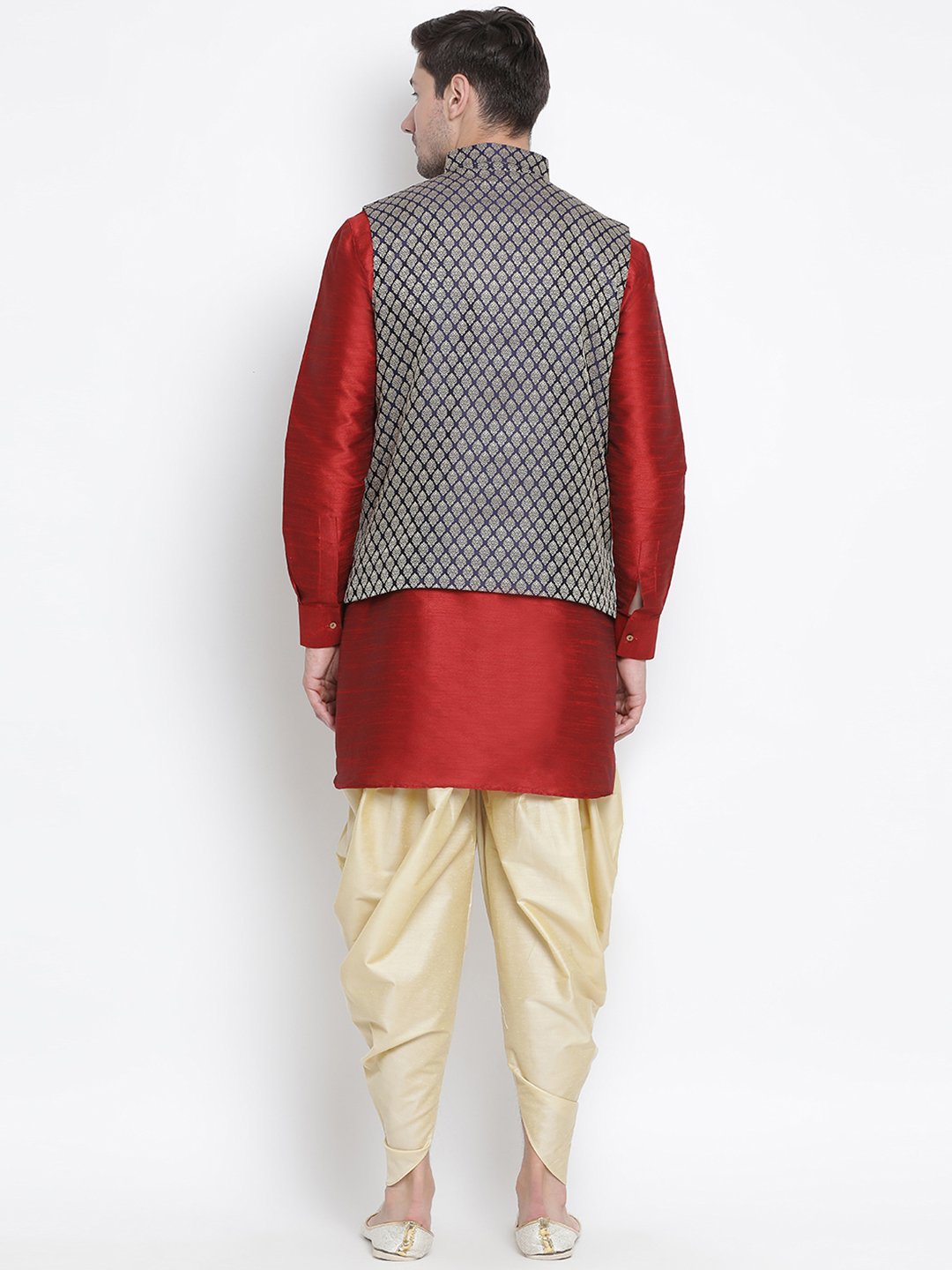 Men's Maroon Cotton Silk Blend Ethnic Jacket, Kurta and Dhoti Pant Set