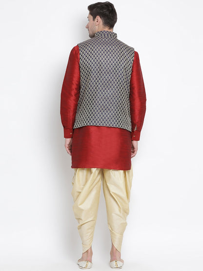 Men's Maroon Cotton Silk Blend Ethnic Jacket, Kurta and Dhoti Pant Set