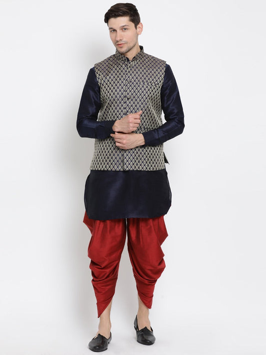 Men's Dark Blue Cotton Silk Blend Ethnic Jacket, Kurta and Dhoti Pant Set