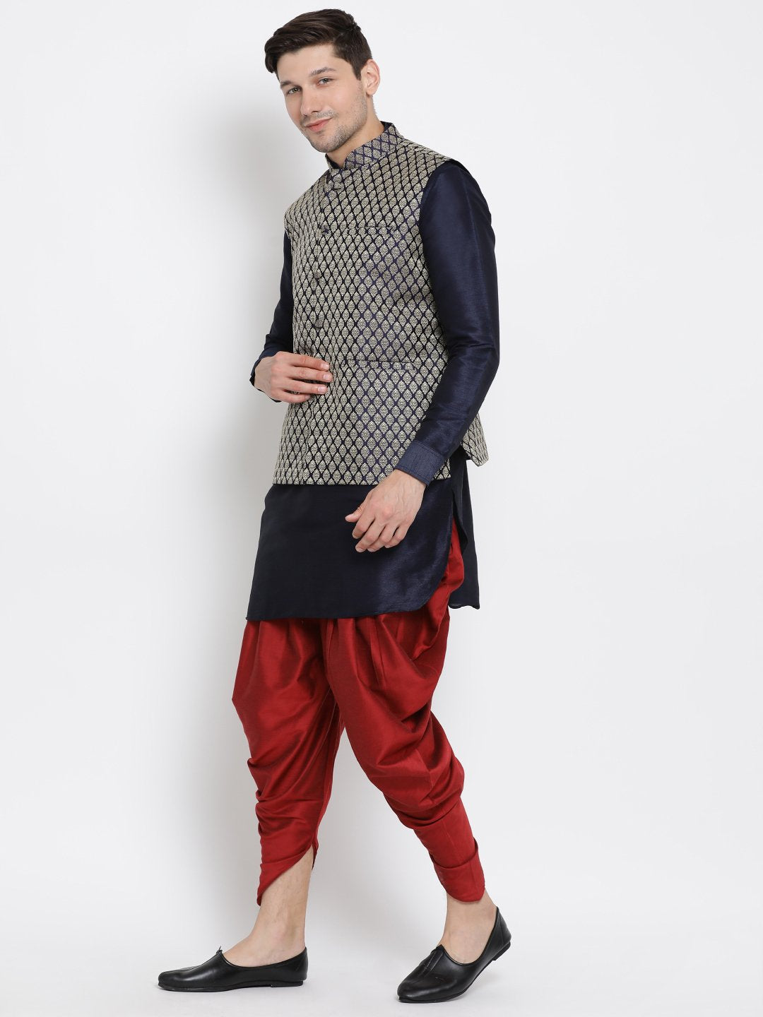 Men's Dark Blue Cotton Silk Blend Ethnic Jacket, Kurta and Dhoti Pant Set