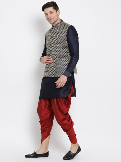 Men's Dark Blue Cotton Silk Blend Ethnic Jacket, Kurta and Dhoti Pant Set