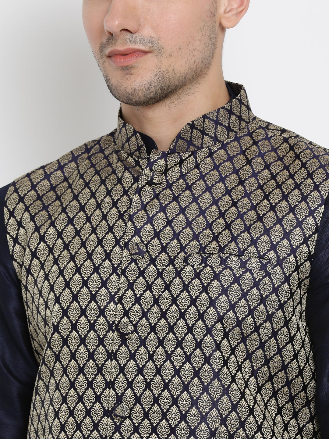 Men's Dark Blue Cotton Silk Blend Ethnic Jacket, Kurta and Dhoti Pant Set