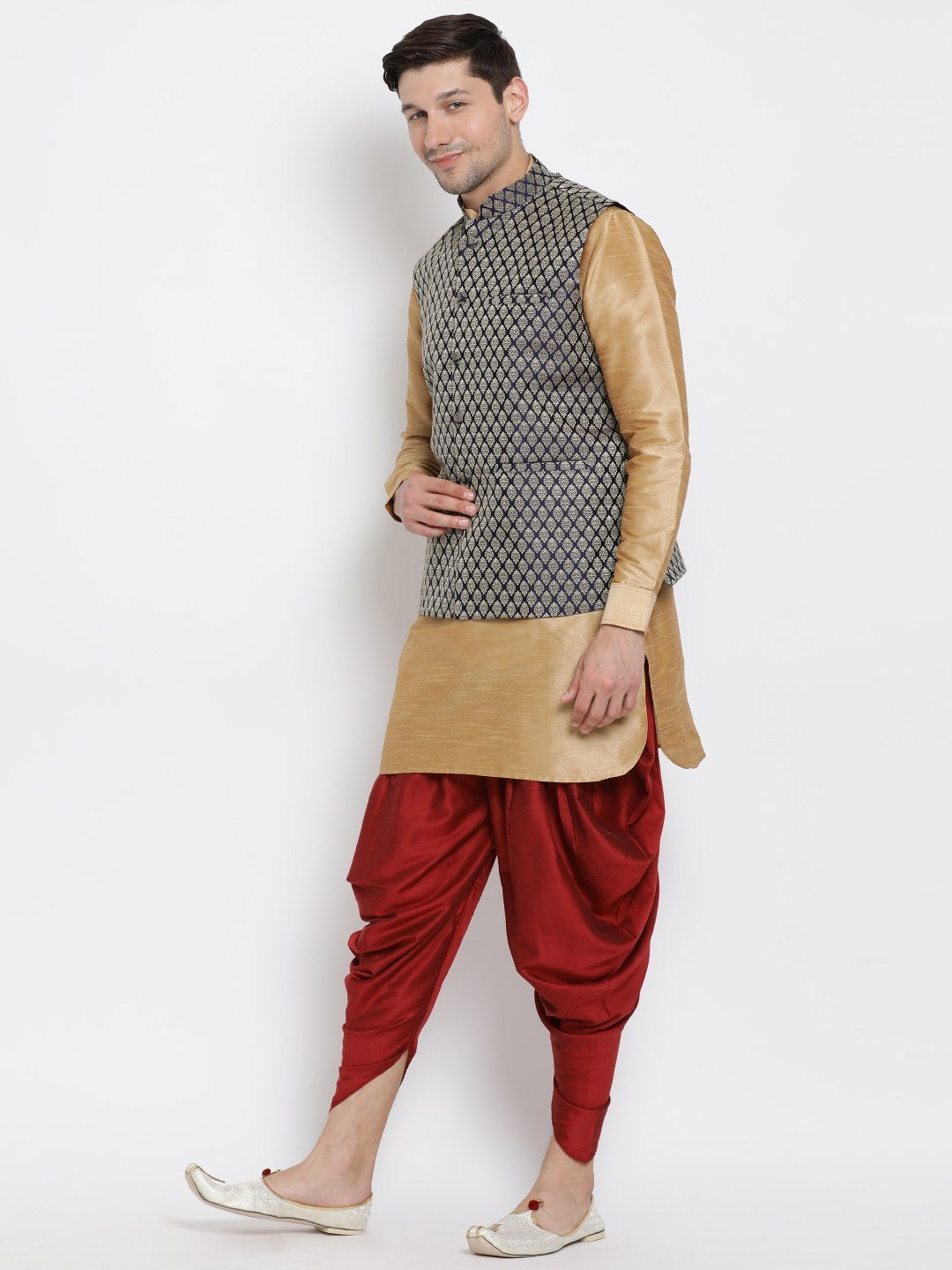 Men's Gold Cotton Silk Blend Ethnic Jacket, Kurta and Dhoti Pant Set