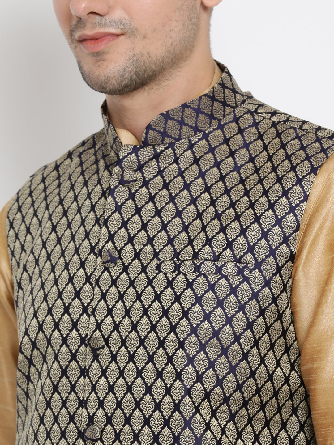 Men's Gold Cotton Silk Blend Ethnic Jacket, Kurta and Dhoti Pant Set