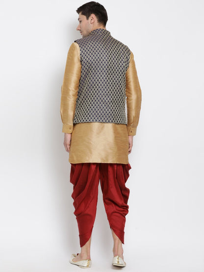 Men's Gold Cotton Silk Blend Ethnic Jacket, Kurta and Dhoti Pant Set