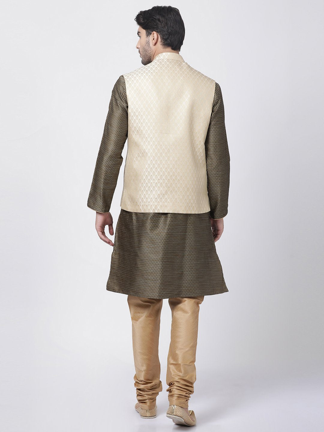 Men's Black Cotton Silk Blend Kurta, Ethnic Jacket and Pyjama Set