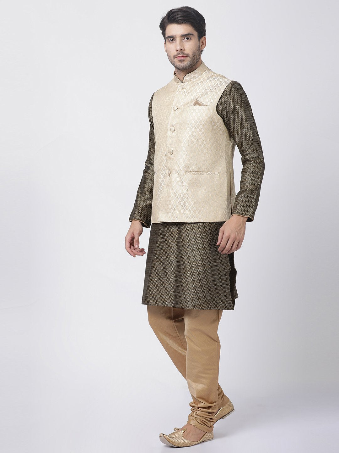 Men's Black Cotton Silk Blend Kurta, Ethnic Jacket and Pyjama Set
