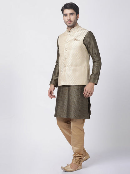 Men's Black Cotton Silk Blend Kurta, Ethnic Jacket and Pyjama Set