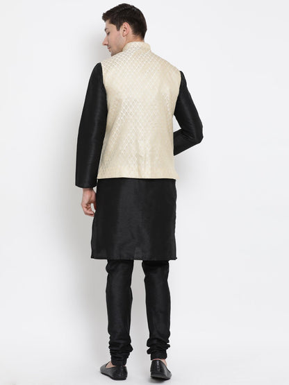 Men's Black Cotton Silk Blend Kurta, Ethnic Jacket and Pyjama Set