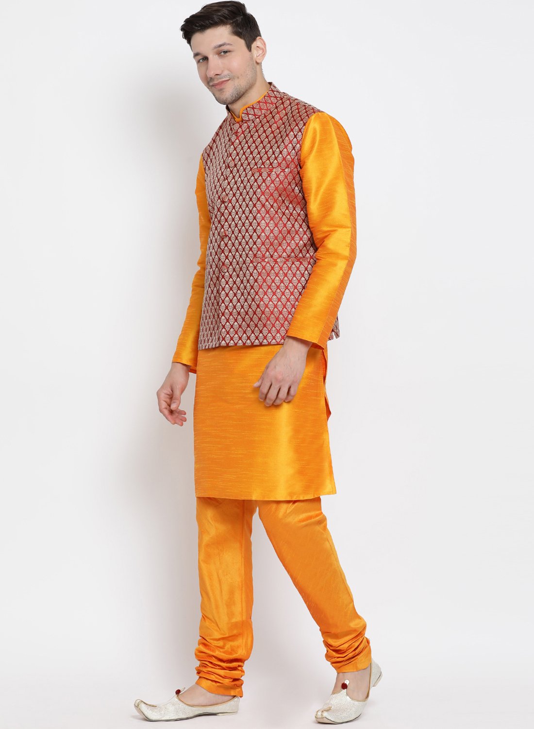 Men's Orange Cotton Silk Blend Kurta, Ethnic Jacket and Pyjama Set