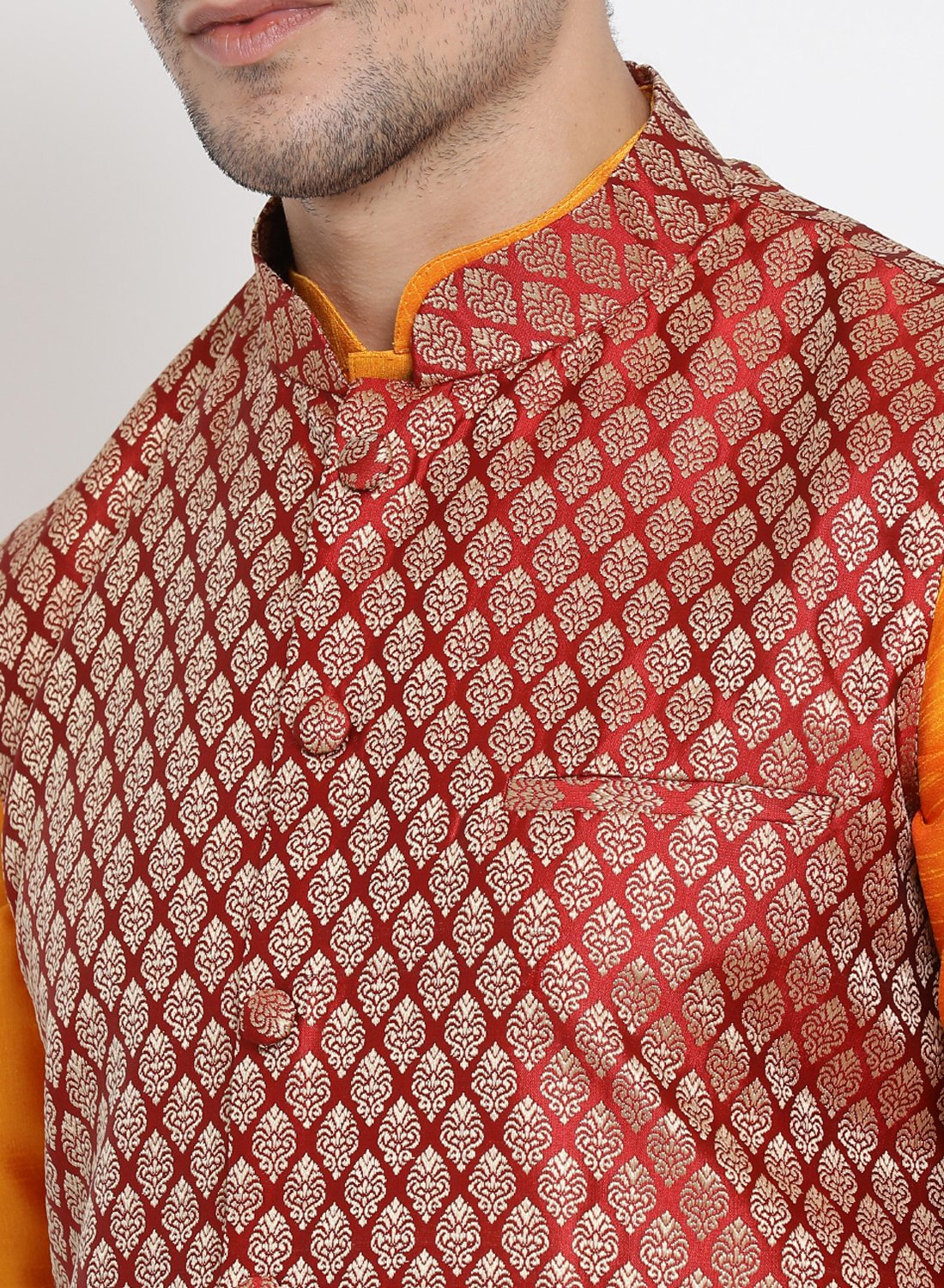 Men's Orange Cotton Silk Blend Kurta, Ethnic Jacket and Pyjama Set
