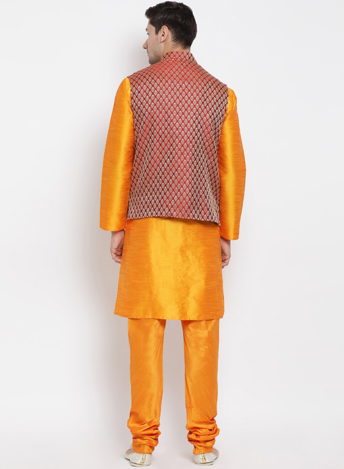 Men's Orange Cotton Silk Blend Kurta, Ethnic Jacket and Pyjama Set