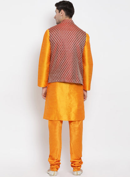 Men's Orange Cotton Silk Blend Kurta, Ethnic Jacket and Pyjama Set