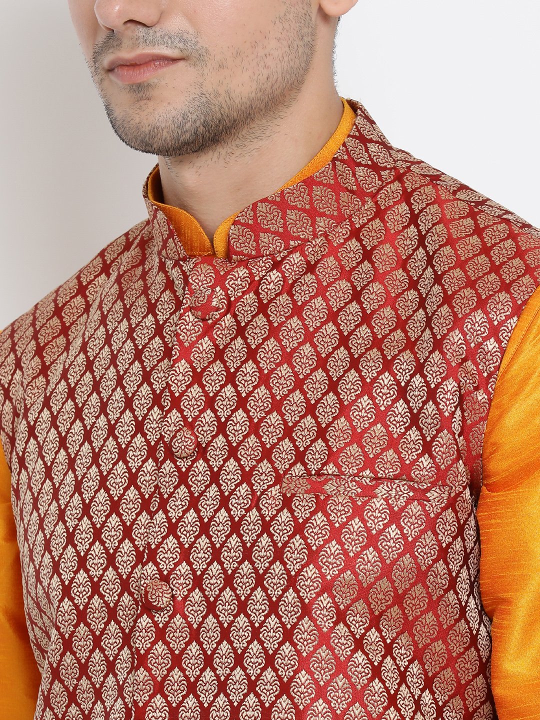 Men's Orange Cotton Silk Blend Ethnic Jacket, Kurta and Dhoti Pant Set
