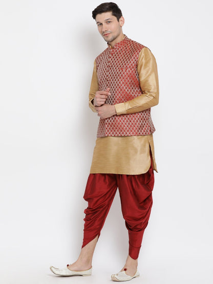 Men's Gold Cotton Silk Blend Ethnic Jacket, Kurta and Dhoti Pant Set