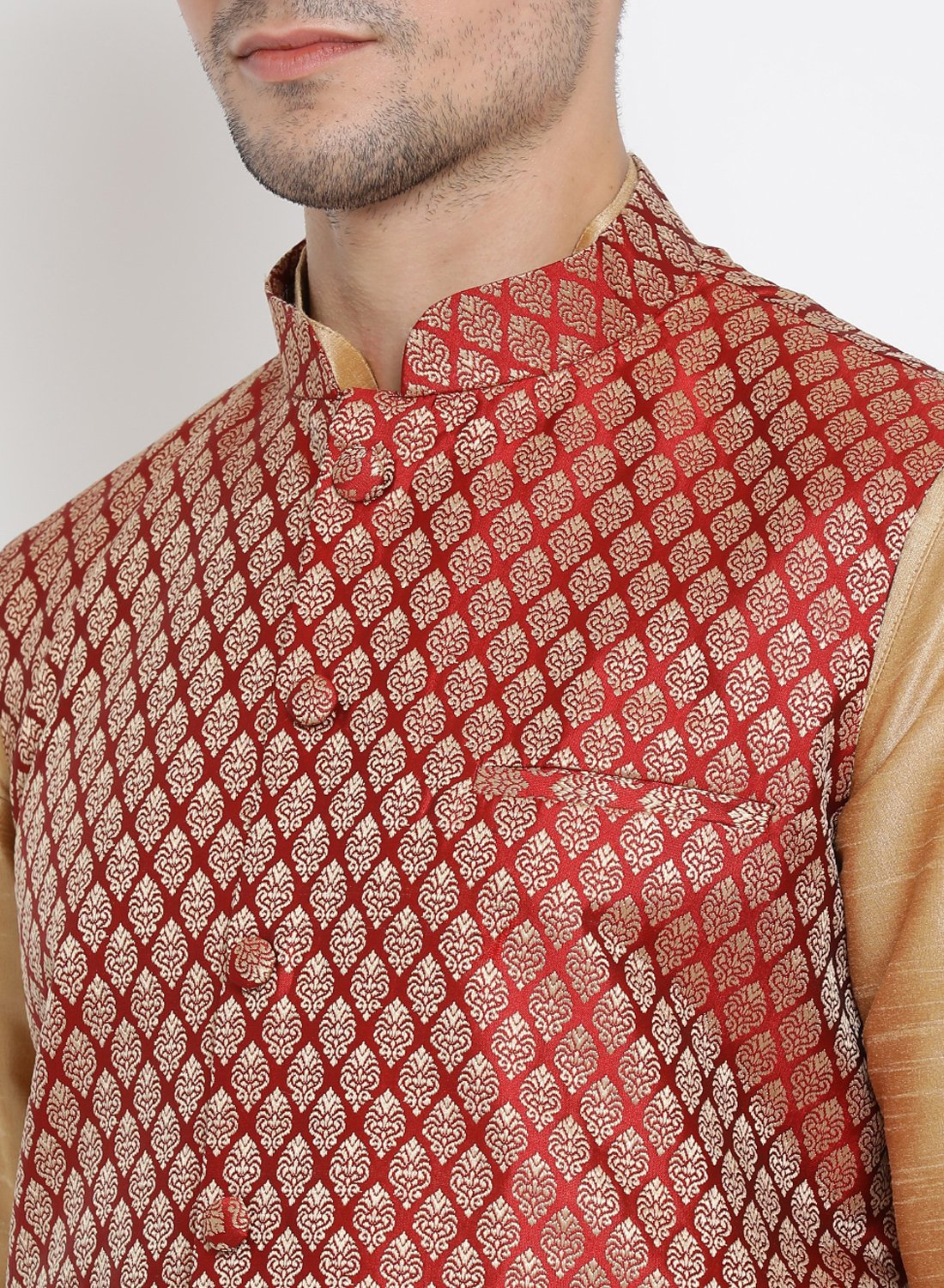 Men's Gold Cotton Silk Blend Ethnic Jacket, Kurta and Dhoti Pant Set