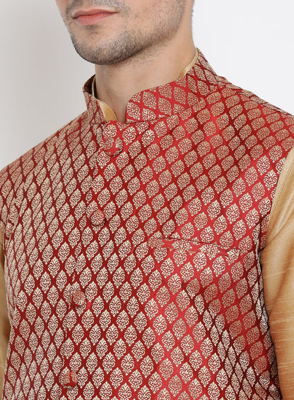 Men's Gold Cotton Silk Blend Ethnic Jacket, Kurta and Dhoti Pant Set