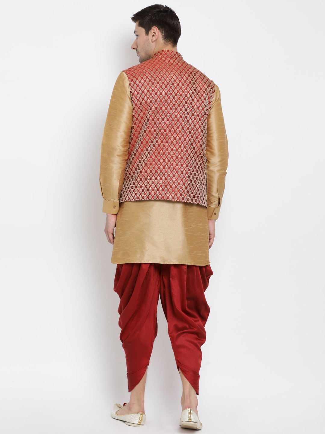 Men's Gold Cotton Silk Blend Ethnic Jacket, Kurta and Dhoti Pant Set