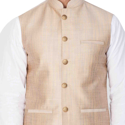 Men's White Cotton Blend Kurta, Ethnic Jacket and Pyjama Set