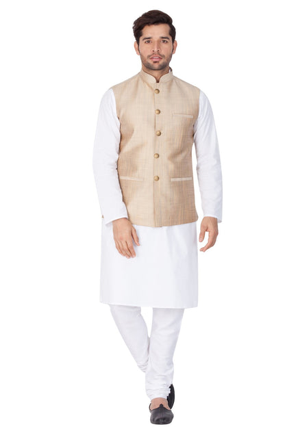 Men's White Cotton Blend Kurta, Ethnic Jacket and Pyjama Set