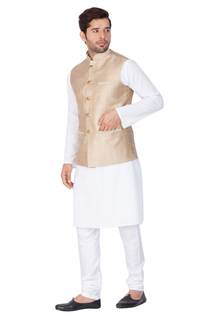 Men's White Cotton Blend Kurta, Ethnic Jacket and Pyjama Set