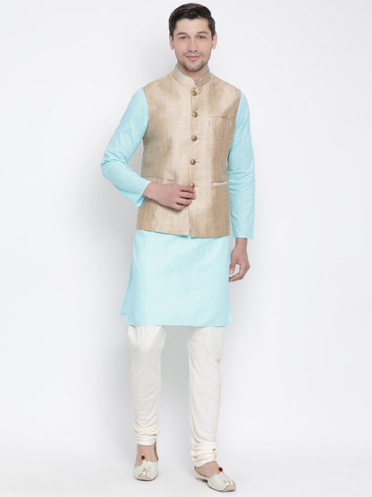 Men's Light Blue Cotton Blend Kurta, Ethnic Jacket and Pyjama Set