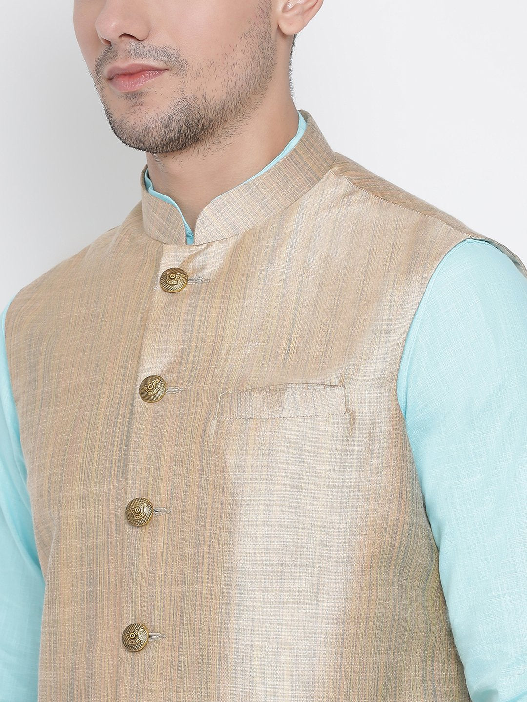 Men's Light Blue Cotton Blend Kurta, Ethnic Jacket and Pyjama Set