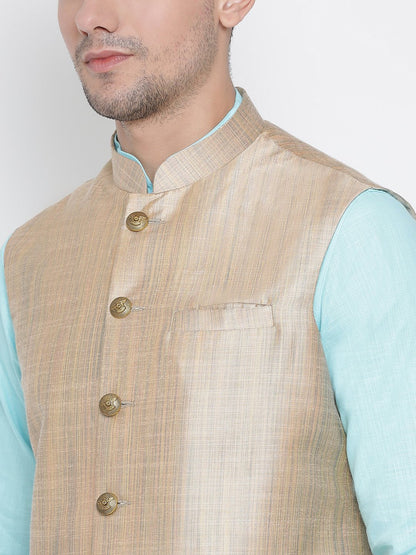 Men's Light Blue Cotton Blend Kurta, Ethnic Jacket and Pyjama Set